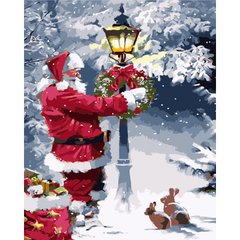Картина за номерами Strateg ПРЕМІУМ Дід Мороз з подарунками, подарунок лак + рівень, 40х50 см, GS1557