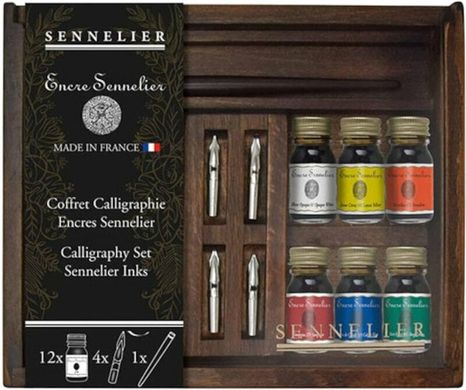 Набір для каліграфії, 12 банок з чорнилом по 10 мл + аксесуари, дерев'яна коробка, Sennelier
