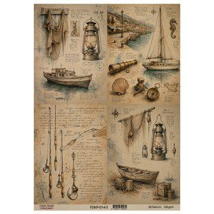 Лист крафт-бумаги с рисунком Vintage Fishing, #3, 42x29,7 см