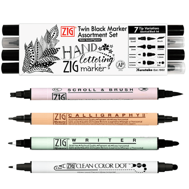 Набір маркерів ZIG Twin, двосторонні, 4 штуки, чорний, Kuretake