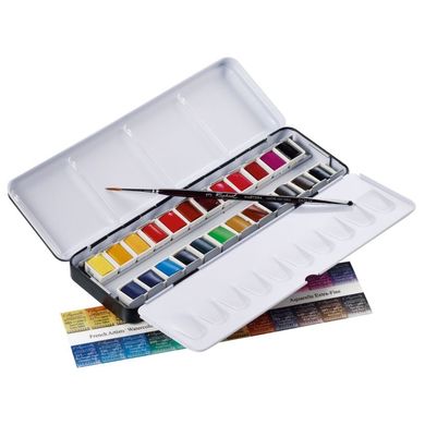 Набор акварельных красок серии L'Aquarelle Sennelier, 24 цвета, полукювета, металлический пенал-палитра + 1 кисточка