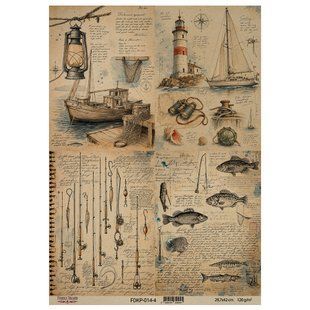 Лист крафт-бумаги с рисунком Vintage Fishing, #4, 42x29,7 см