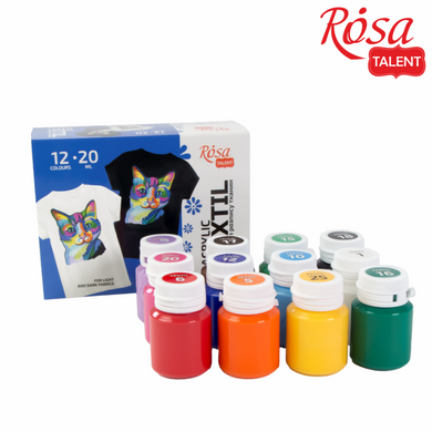 Набір фарб для розпису тканини ROSA TALENT, 12 кольорів 20 мл