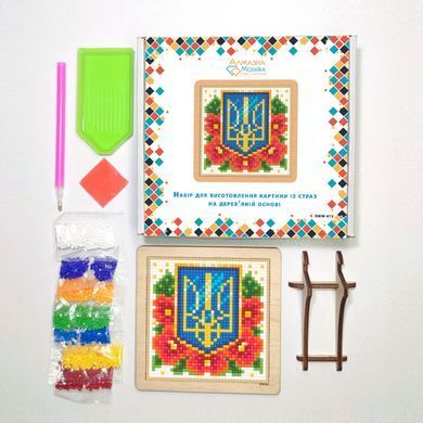 Алмазна вишивка, Герб з маками, 10х10 см, на дерев'яній основі