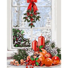 Картина за номерами Strateg ПРЕМІУМ Зима за вікном, подарунок лак + рівень, 40х50 см, GS1565