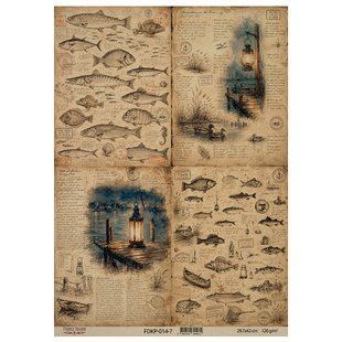 Лист крафт-бумаги с рисунком Vintage Fishing, #7, 42x29,7 см