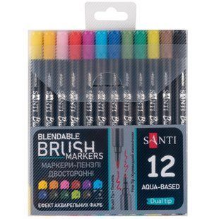 Набір маркерів акварельних SANTI Brush Marker, двосторонні, 12 штук