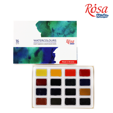 Набір акварельних фарб 16 кольорів, кювета, картон, ROSA Studio