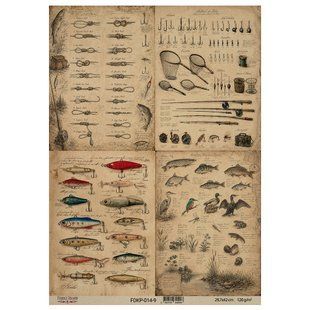 Лист крафт-бумаги с рисунком Vintage Fishing, #9, 42x29,7 см
