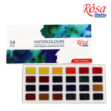 Набір акварельних фарб 24 кольори, кювета, картон, ROSA Studio