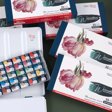 Набор&nbsp;акварельных&nbsp;красок&nbsp;BOTANICAL,&nbsp;в&nbsp;металлическом&nbsp;пенале Индиго,&nbsp;35 штук,&nbsp;2,5 мл кювета, ROSA Gallery