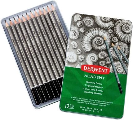 Набор графитных карандашей Academy, металлическая коробка, 12 штук, Derwent