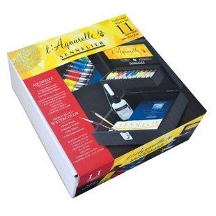 Подарунковий набір акварельних фарб L'Aquarelle Sennelier, 11 кольорів, туби по 10 мл, папір, 2 пензлі, маскувальна рідина, тканина, дерев'яний пенал