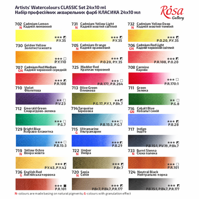 Набор акварельных красок CLASSIC, в картонном пенале, 24 штуки, 10 мл туба, ROSA Gallery