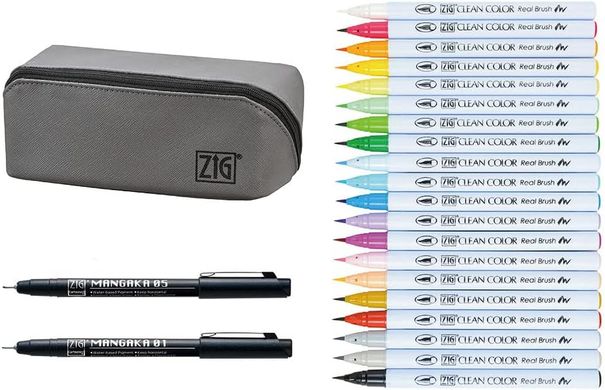 Набор маркеров ZIG Clean Сolor real brush colors, 2 лайнера, пенал, Kuretake