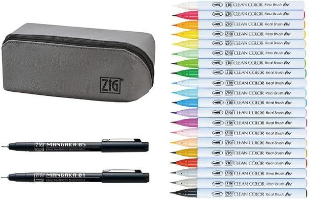 Набір маркерів ZIG Clean Сolor real brush colors, 2 лайнера, пенал, Kuretake