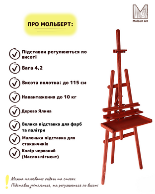 Мольберт студійний підлоговий 180 см, маленька підставка для стаканчиків, велика підставка для фарб та палітри, Molbert Art