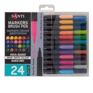 Набор маркеров акварельных SANTI Brush Pen, двусторонние, 24 штуки