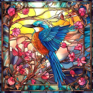 Алмазная вышивка, Хрупкая птичка в цветах, 40x40 см, на подрамнике