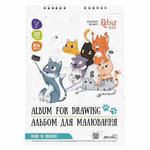 Альбом на спіралі для малювання Cats Selfies, А4, 21х29,7 см, 100г/м2, 30 аркушів, ROSA Kids