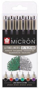 Набор лайнеров PIGMA Micron 01 BASIC, 6 штук, Sakura