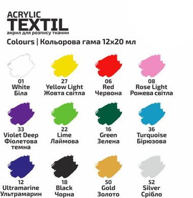 Набор красок для росписи тканей HEART ROSA TALENT, 12 цветов 20 мл