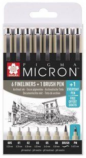 Набор лайнеров PIGMA MICRON 6 штук + 1 линер-кисть PIGMA BRUSH + PIGMA Micron PN В ПОДАРОК, Sakura