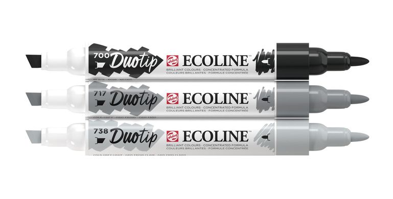 Набір маркерів акварельних двосторонніх ECOLINE DUOTIP Black & Grey, 3 штуки, Royal Talens