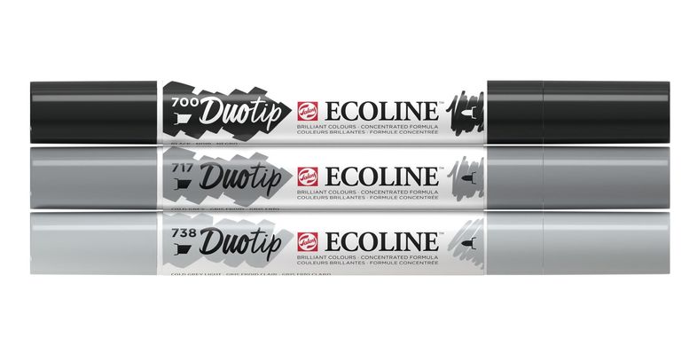 Набор акварельных двусторонних маркеров ECOLINE DUOTIP Black & Grey, 3 штуки, Royal Talens