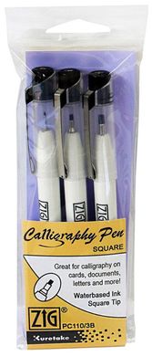 Набор ручек для каллиграфии ZIG Calligraphy Square Tip, 3 штуки, с клиновидным наконечником, черные, Kuretake