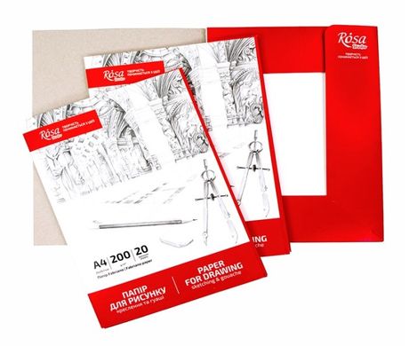 Бумага для рисунка, черчения и гуаши А4, 21х29,7см, 200 г/м2, 20 листов, мелкое зерно, Rosa Studio