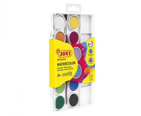 Набір акварельних фарб JOVI 12 кольорів в таблетованій сухій формі 22 мм + пензлик