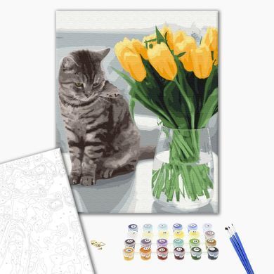 Картина за номерами Котик із тюльпанами, 40х50 см, Brushme
