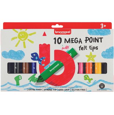Набір дитячих фломастерів Mega Point, 10 кольорів, широкий стрижень, товстий корпус, Bruynzeel