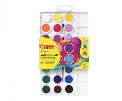 Набір акварельних фарб JOVI 24 кольори в таблетованій сухій формі 22 мм + пензлик