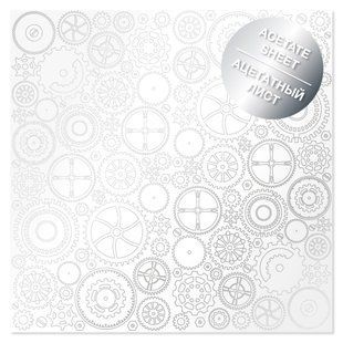 Ацетатний аркуш із фольгуванням Silver Gears, 30,5х30,5 см, 200 г/м&sup2;, аркуш, Fabrika Decoru