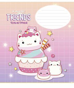 Тетрадь ученическая Kawaii Friends А5, 12 листов в клетку, обложка с глиттером, Школярик
