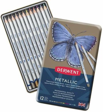Набір кольорових водорозчинних олівців Metallic, металева коробка, 12 штук, Derwent
