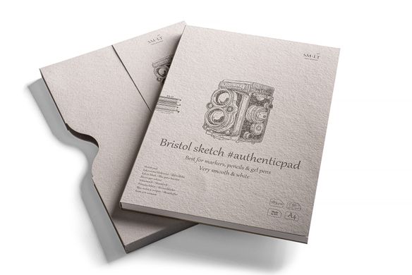 Альбом-склейка для ескізів у папці Authentic Bristol А4, 185 г/м2, 50 аркушів, білий, гладкий, Smiltainis