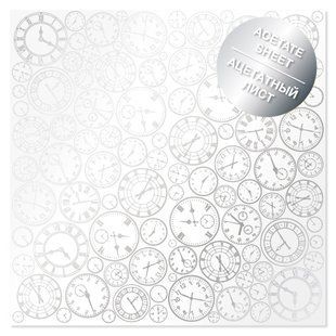 Ацетатний аркуш із фольгуванням Silver Clocks, 30,5х30,5 см, 200 г/м&sup2;, аркуш, Fabrika Decoru
