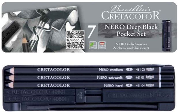 Набір вугілля Nero Deep Black Pocket Set, 7 штук, металева коробка, Cretacolor