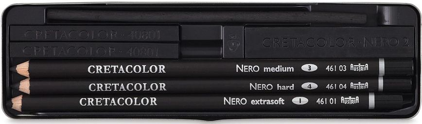 Набір вугілля Nero Deep Black Pocket Set, 7 штук, металева коробка, Cretacolor