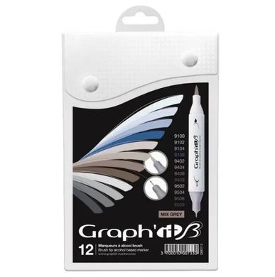 Набор двусторонних Brush маркеров Mix greys, 12 шт, Graph'it