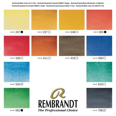 Набор акварельных красок Rembrandt, 12 цветов в кюветах + кисточка, Royal Talens