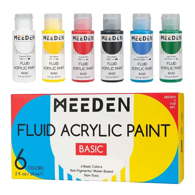 Набір рідких акрилових фарб Fluid Basic, 6 кольорів по 60 мл, MEEDEN