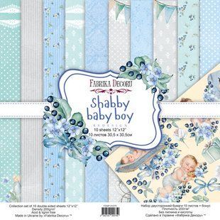 Набір паперу для скрапбукінгу Shabby baby boy redesign, 30,5x30,5 см, 200 г/м&sup2;, двосторонній, 10 аркушів, Fabrika Decoru