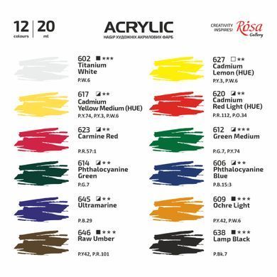 Набор акриловых красок, блистер, 12 штук, 20 мл туба, ROSA Gallery
