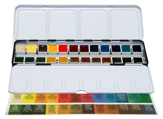 Набір акварельних фарб Daniel Smith в напівкюветах 24 кольори 1,8 мл Half Pan + 24 Bonus Half Pan металевий пенал