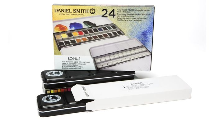 Набор акварельных красок Daniel Smith в полукюветах 24 цвета 1,8 мл Half Pan + 24 Bonus Half Pan металлический пенал