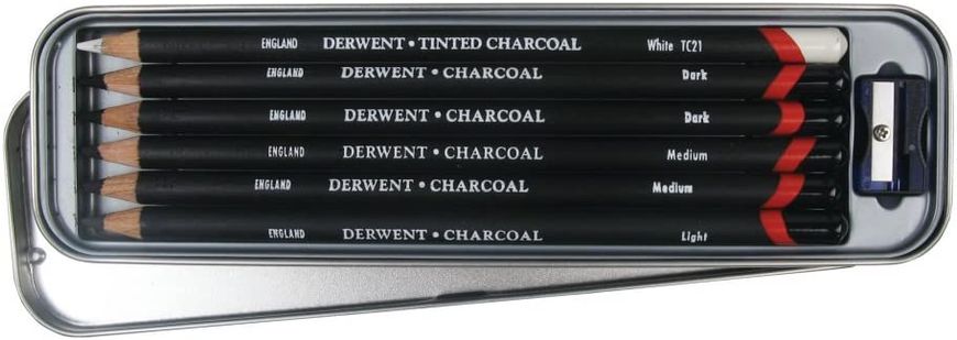 Набір вугільних олівців Charcoal, металева коробка, 6 штук, Derwent